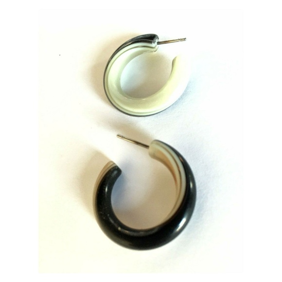 Black & Ivory Lucite Stripe Tube Hoop Earrings - Picture 4 of 7